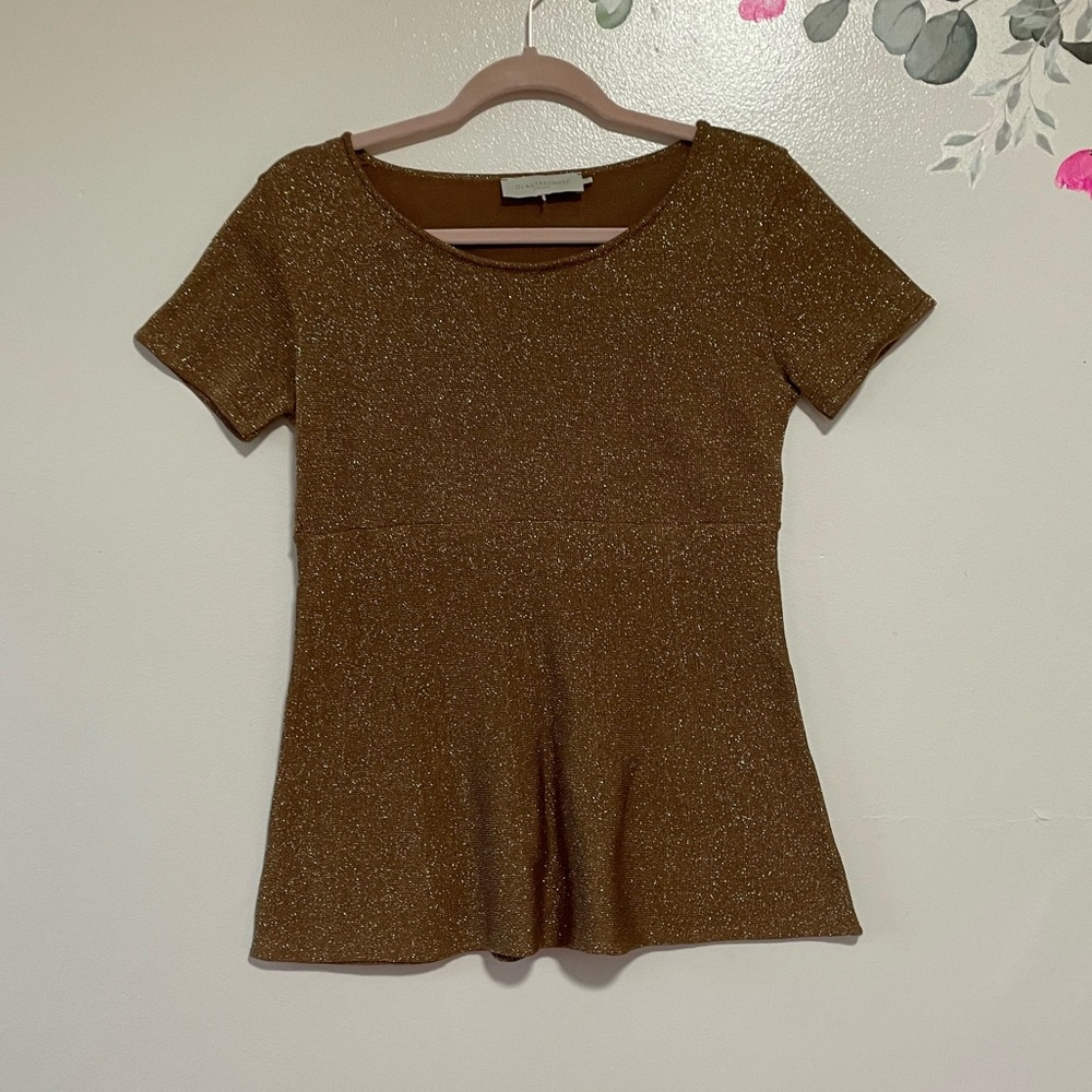 L'autre Chose Copper-Toned Metallic Short Sleeve Stretch Top